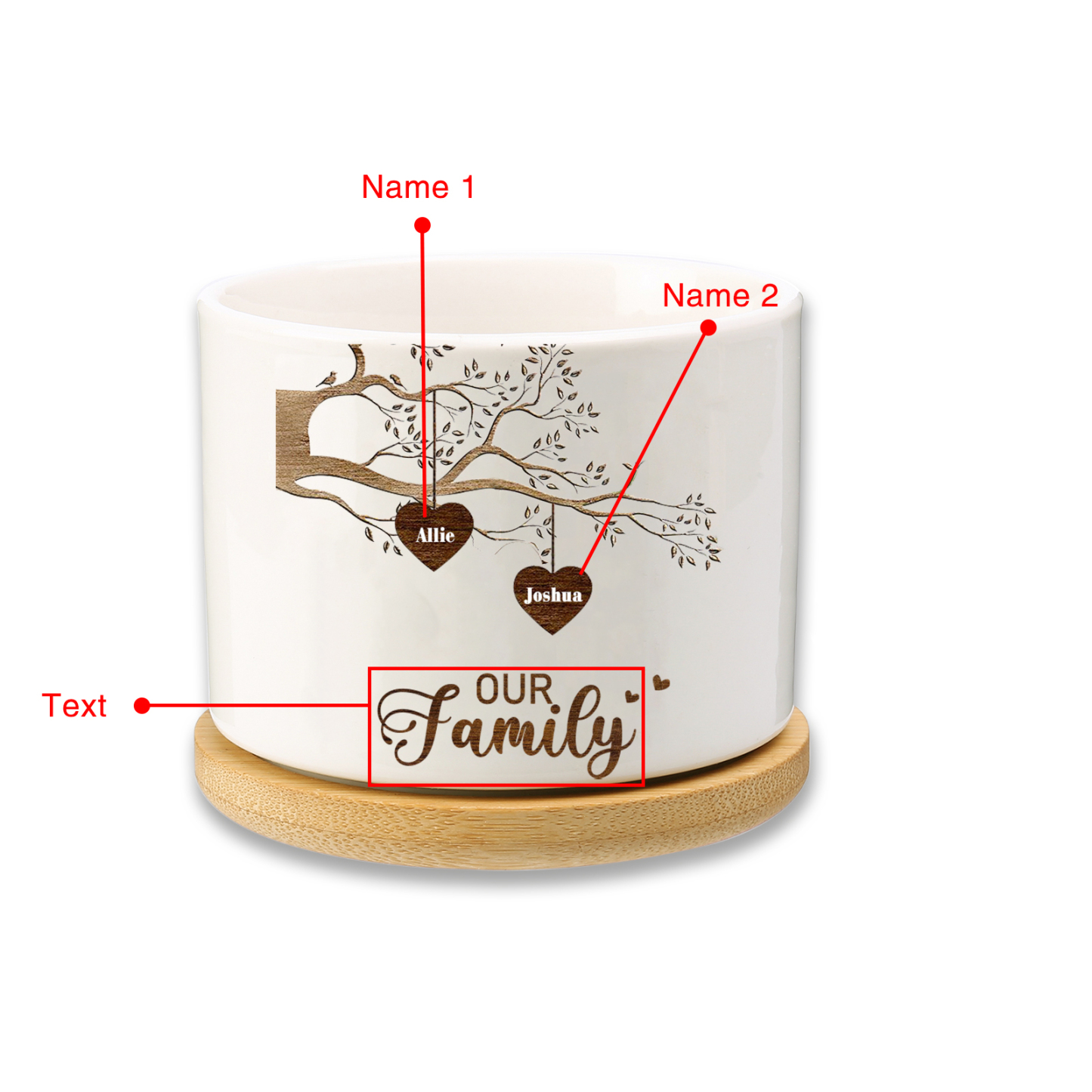 Florero con base de cerámica árbol de corazones 2-8 nombres personalizados con texto decoración del hogar-Jessemade ES