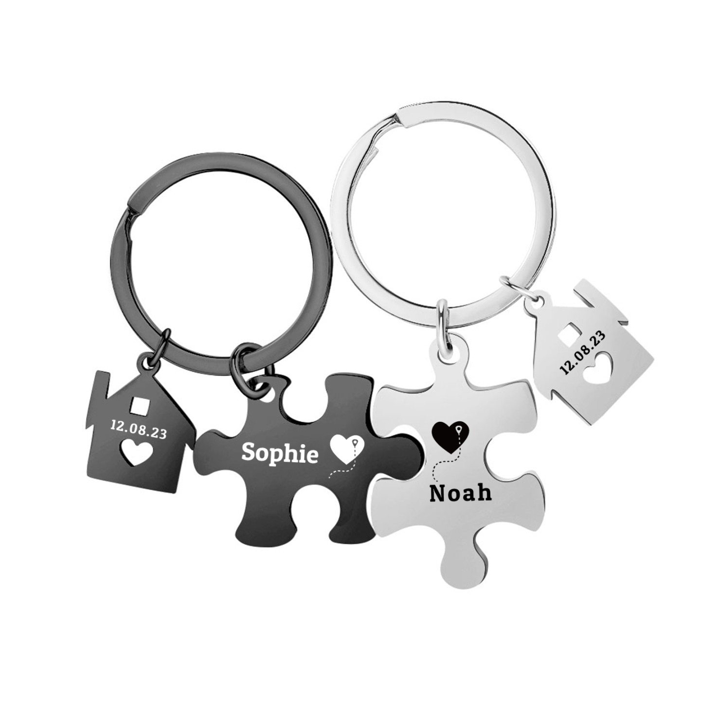 Llavero para pareja rompecabezas 2 nombres personalizados con fecha dije de casa-Jessemade ES