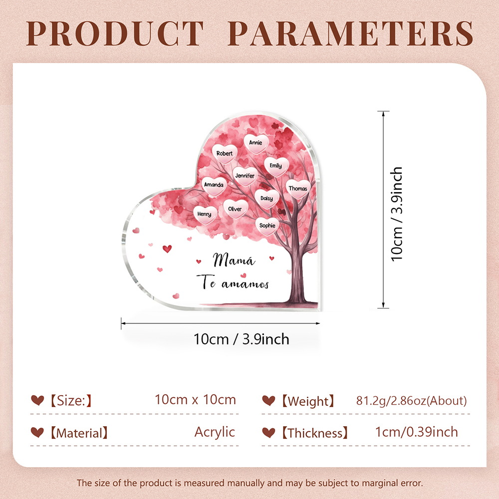 A mi mamá/abuela-Placa de acrílico "Árbol" en forma de corazón 10 nombres y 1 texto personalizados-Jessemade ES