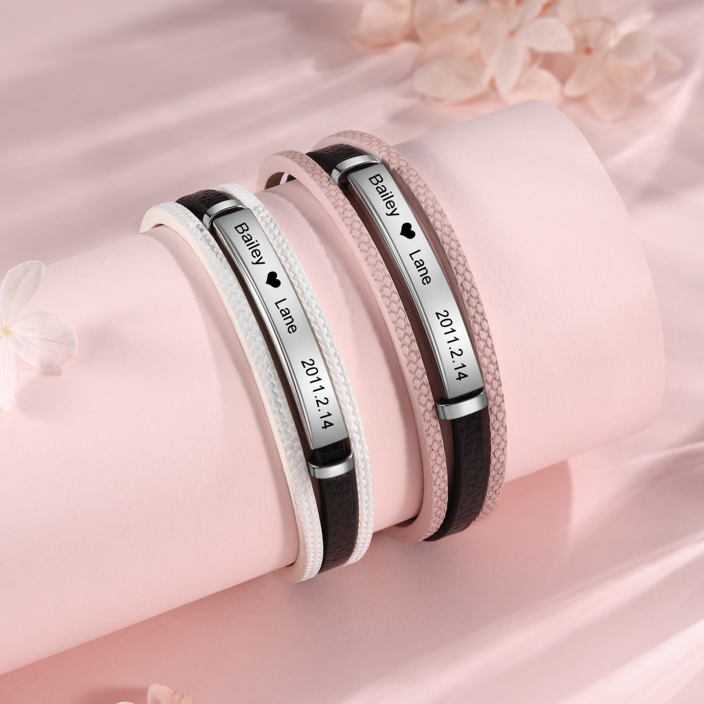 Pulseras de cuero para pareja con placa 2 nombres y fecha personalizados-Jessemade ES
