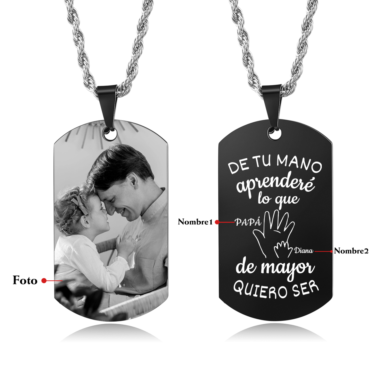A MI PAPÁ-Collar "mano y manito" de placa personalizada con 2 nombres y foto-Jessemade ES