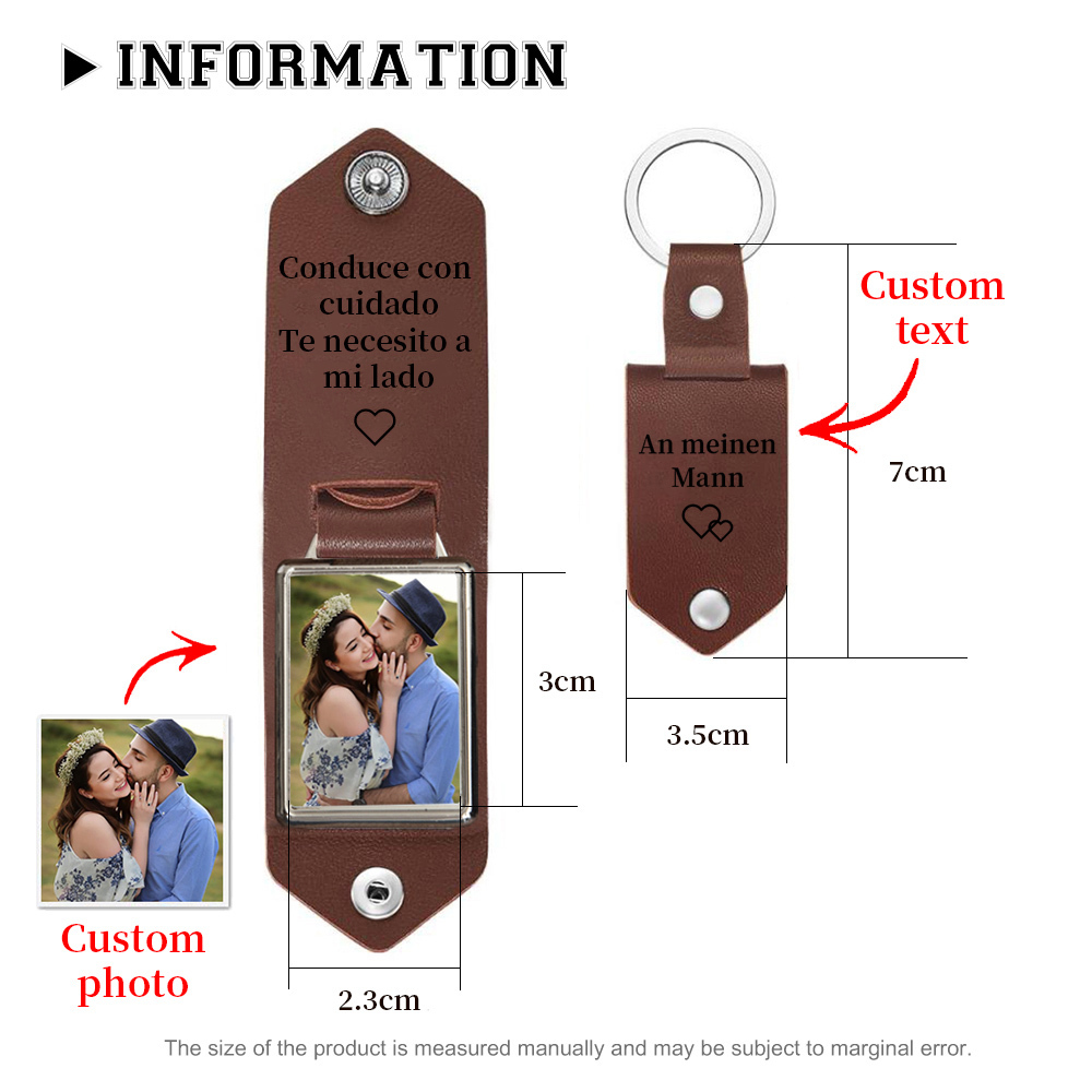 Llavero para pareja de cuero personalizado con 1 texto y foto-Jessemade ES