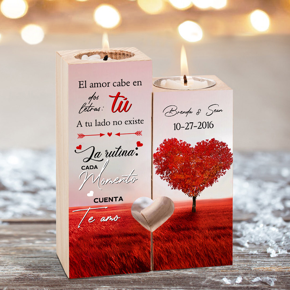 Candelero para pareja de madera de dos piezas sin candela con 2 nombres y fecha personalizados-Jessemade ES