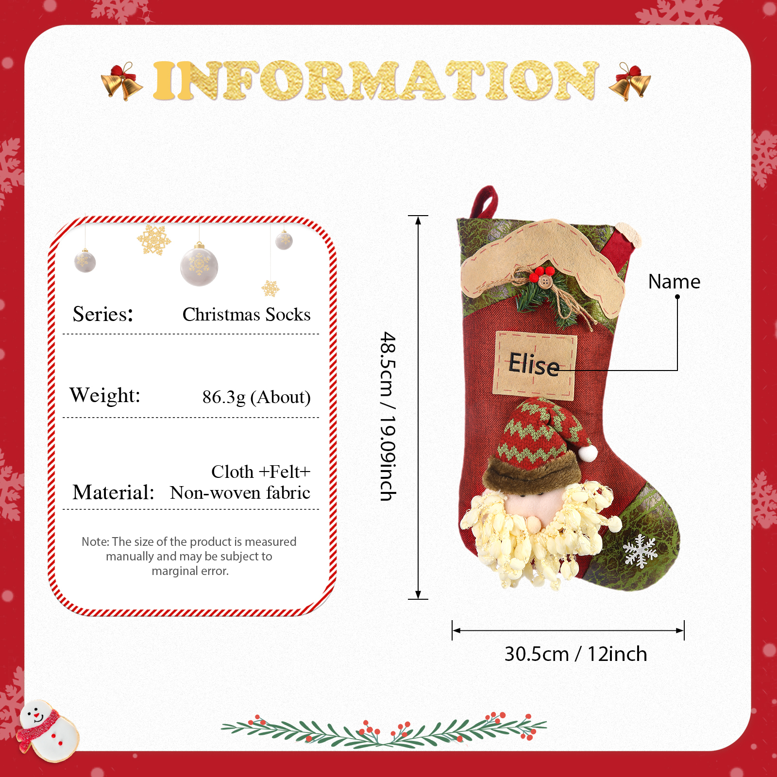 Adornos de medias navideñas con muñeco Bolsa de regalo 1 Nombre personalizado-Jessemade ES