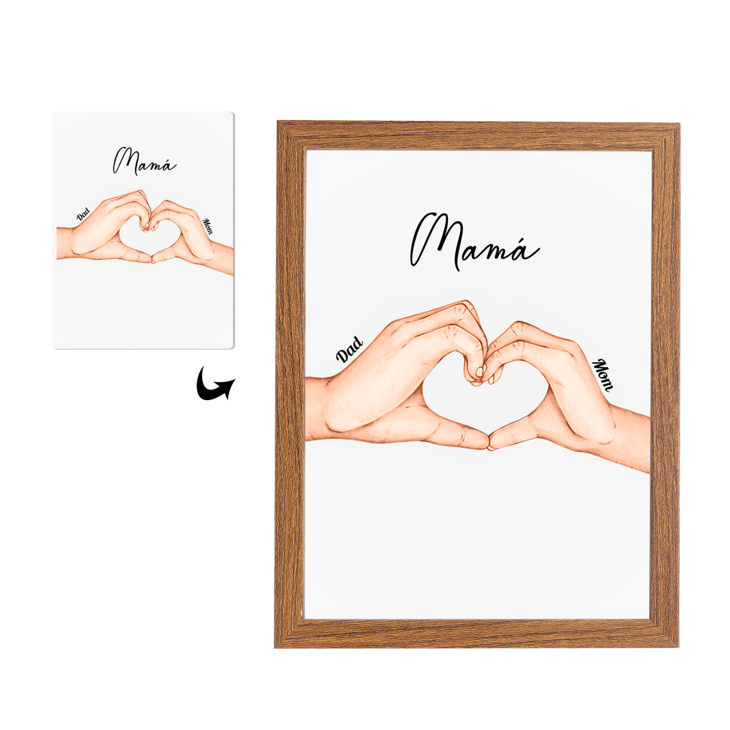 A la familia-Marco con luces de madera mano a mano 2 nombres personalizados con texto-Jessemade ES