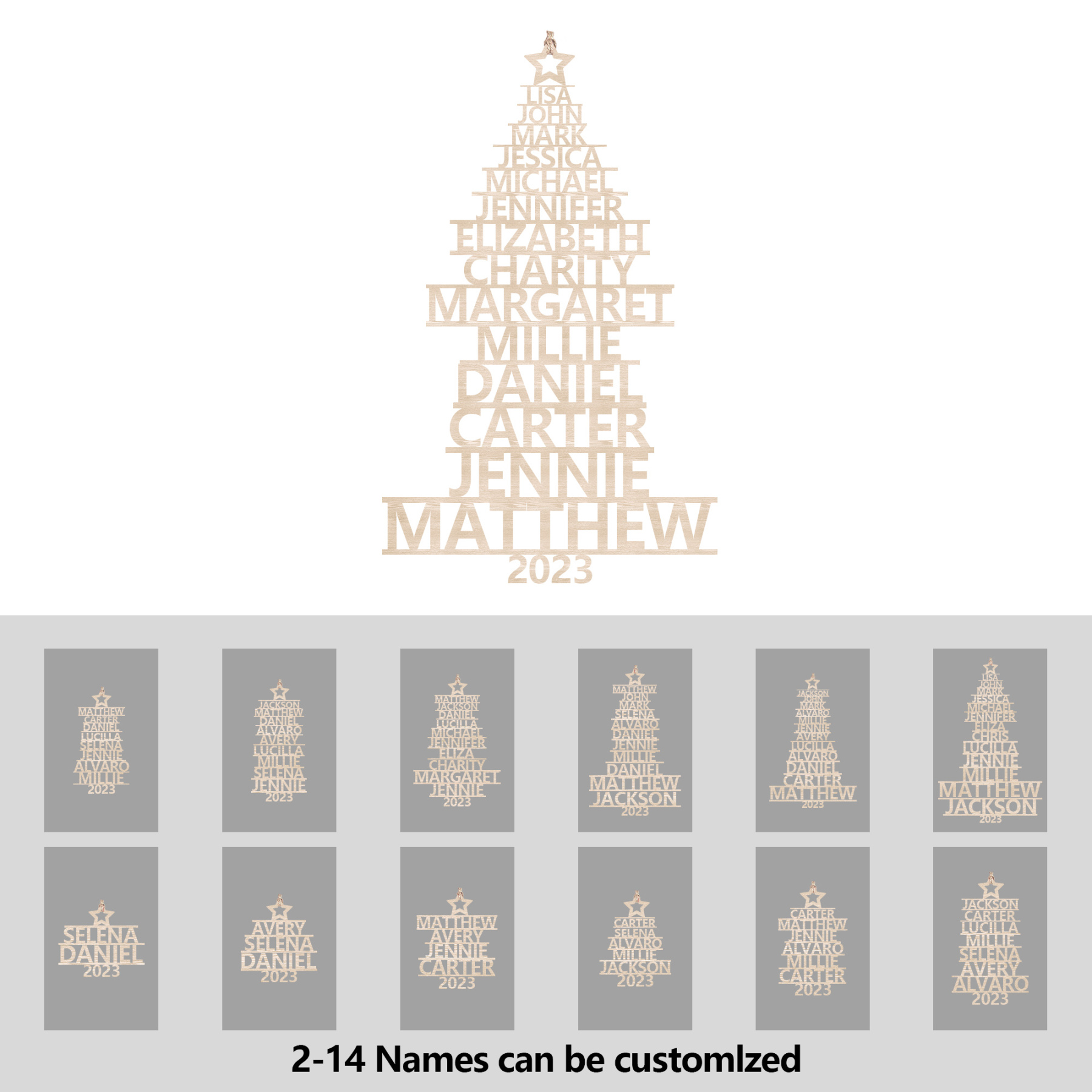 Navidad-Ornamento navideño de madera árbol de nombres con 11 nombres y año personalizados