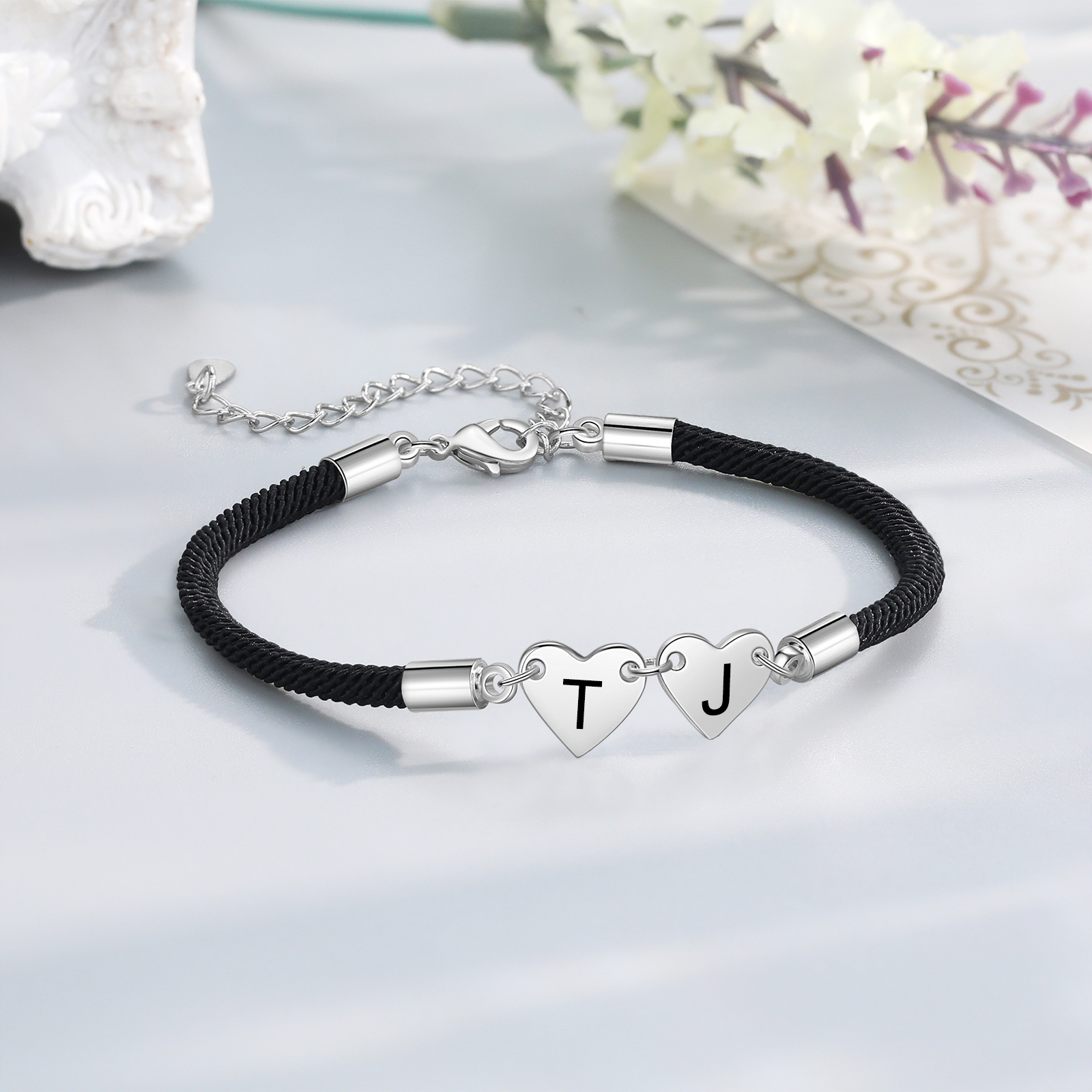 Pulsera de cuerda con dije de corazón 1-4 letras personalizadas-Jessemade ES
