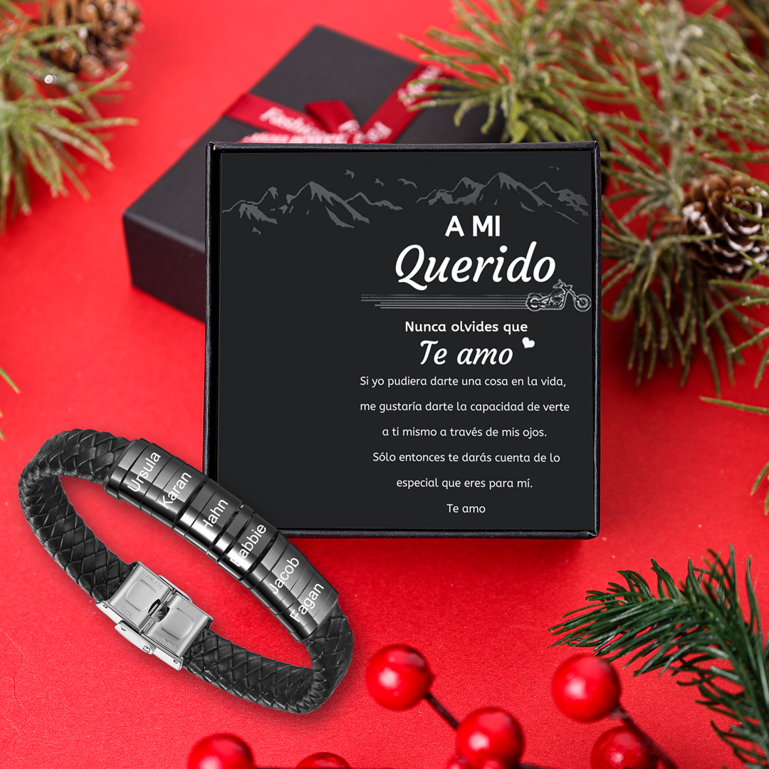 A mi querido-Pulsera de cuero trenzado de hombre con 6 perlas personalizadas con 6 nombres-Jessemade ES