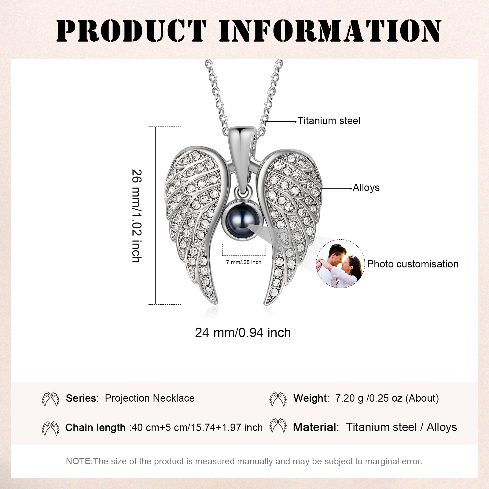 Collar de alas de ángel abiertas personalizado con 1 foto en proyección-Jessemade ES