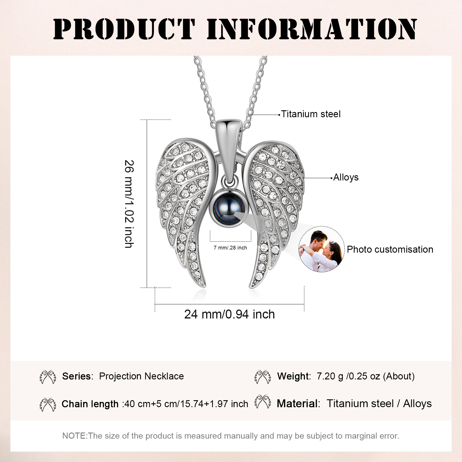 Collar de alas de ángel abiertas personalizado con 1 foto en proyección-Jessemade ES