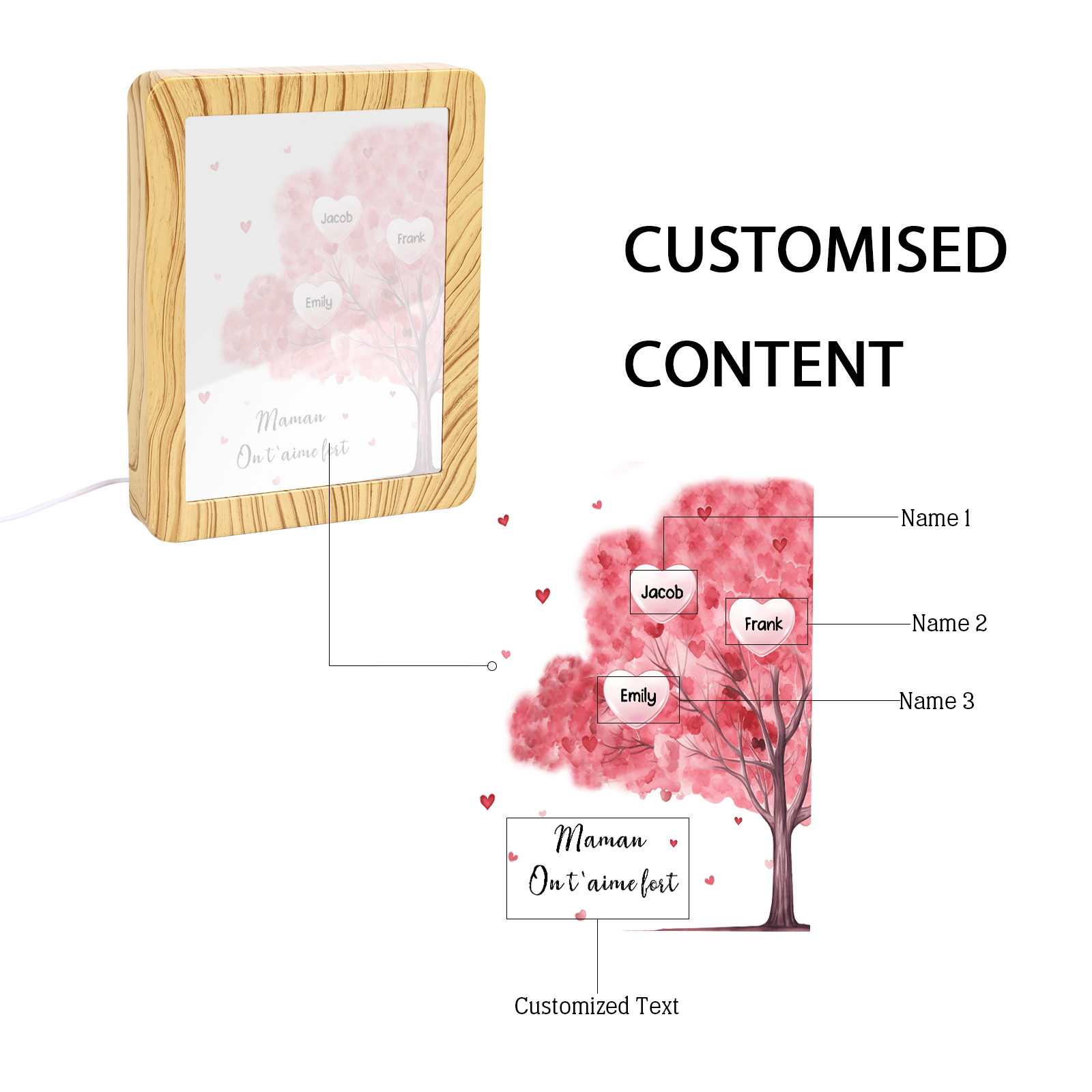 Marco/Espejo con LED Multifuncional Árbol de la Vida 1-10 Nombres Personalizados con 1 Texto-Jessemade ES