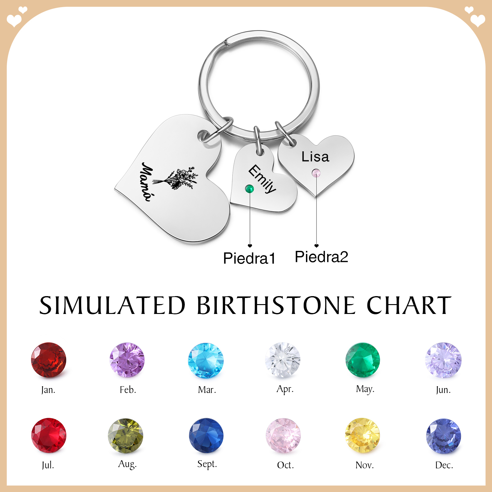 A mi mamá/abuela - Llavero con 2 nombres y piedras de nacimiento personalizados en corazones con texto y flor-Jessemade ES