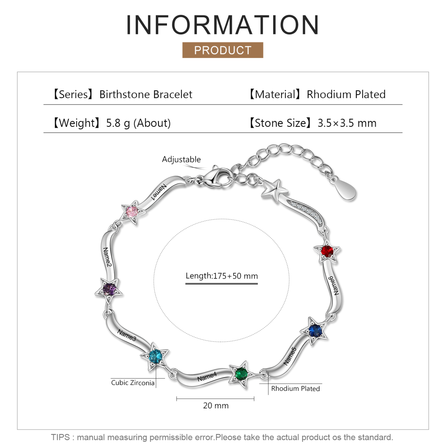 Pulsera Brazalete personalizada de 6 nombres y estrellas con 6 piedras de nacimiento-Jessemade ES