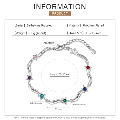 Pulsera Brazalete personalizada de 6 nombres y estrellas con 6 piedras de nacimiento-Jessemade ES