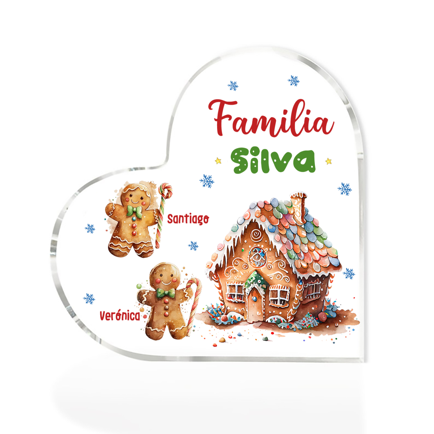 Navidad - Placa de acrílico en forma de corazón jengibres y su casa con 2 nombres y 1 texto personalizados-Jessemade ES