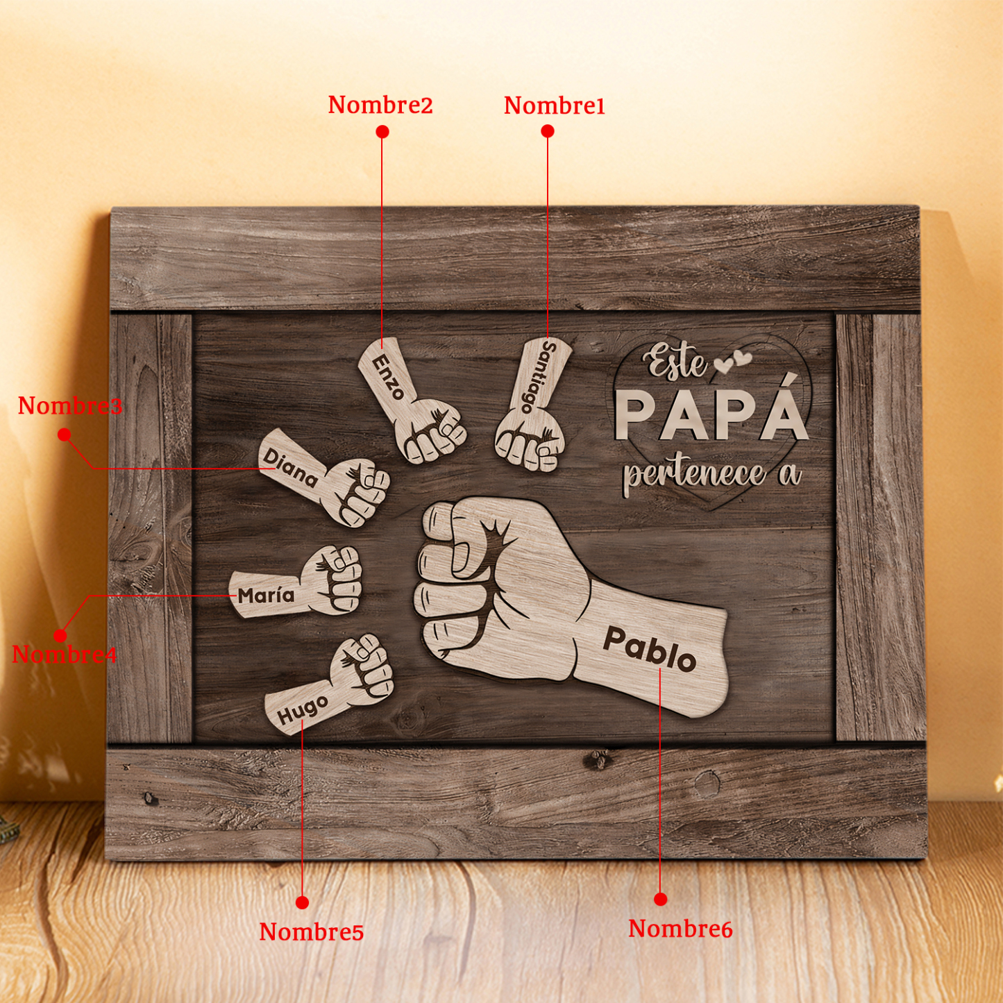 A mi papá - Lámina marco de madera puño con puño 6 nombres personalizados-Jessemade ES