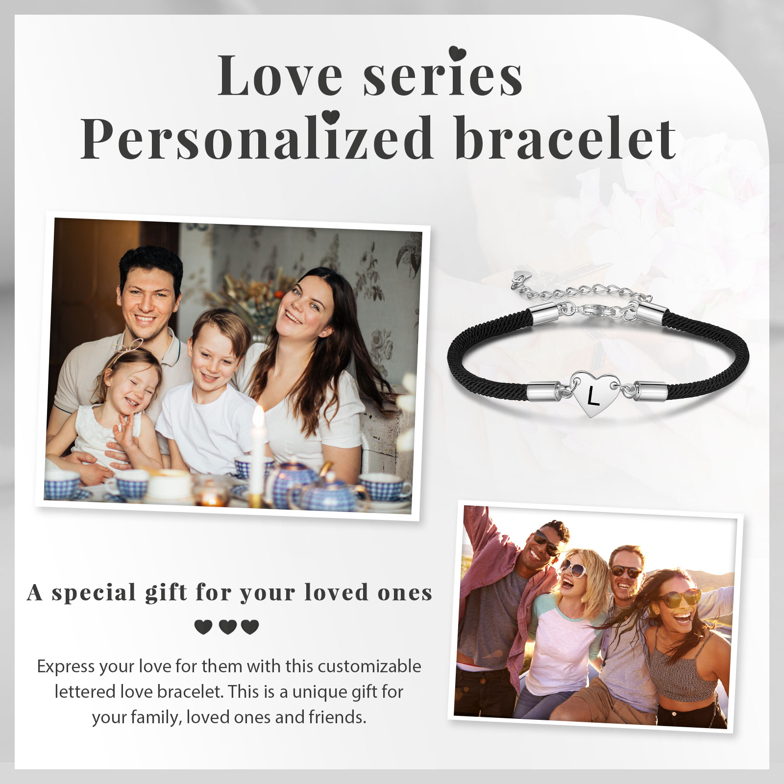 Pulsera de cuerda con dije de corazón 1-4 letras personalizadas-Jessemade ES