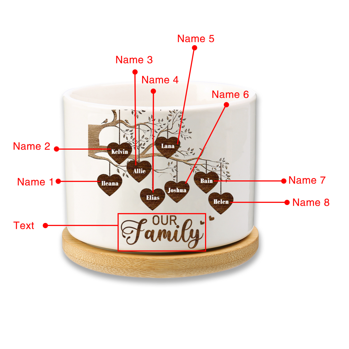 Florero con base de cerámica árbol de corazones 2-8 nombres personalizados con texto decoración del hogar-Jessemade ES