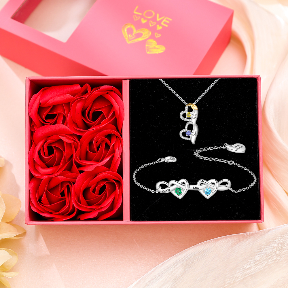 Kit de regalo-Collar y pulsera de corazón con 2 piedras de nacimiento y 2 nombres personalizados para mujer | Jessemade