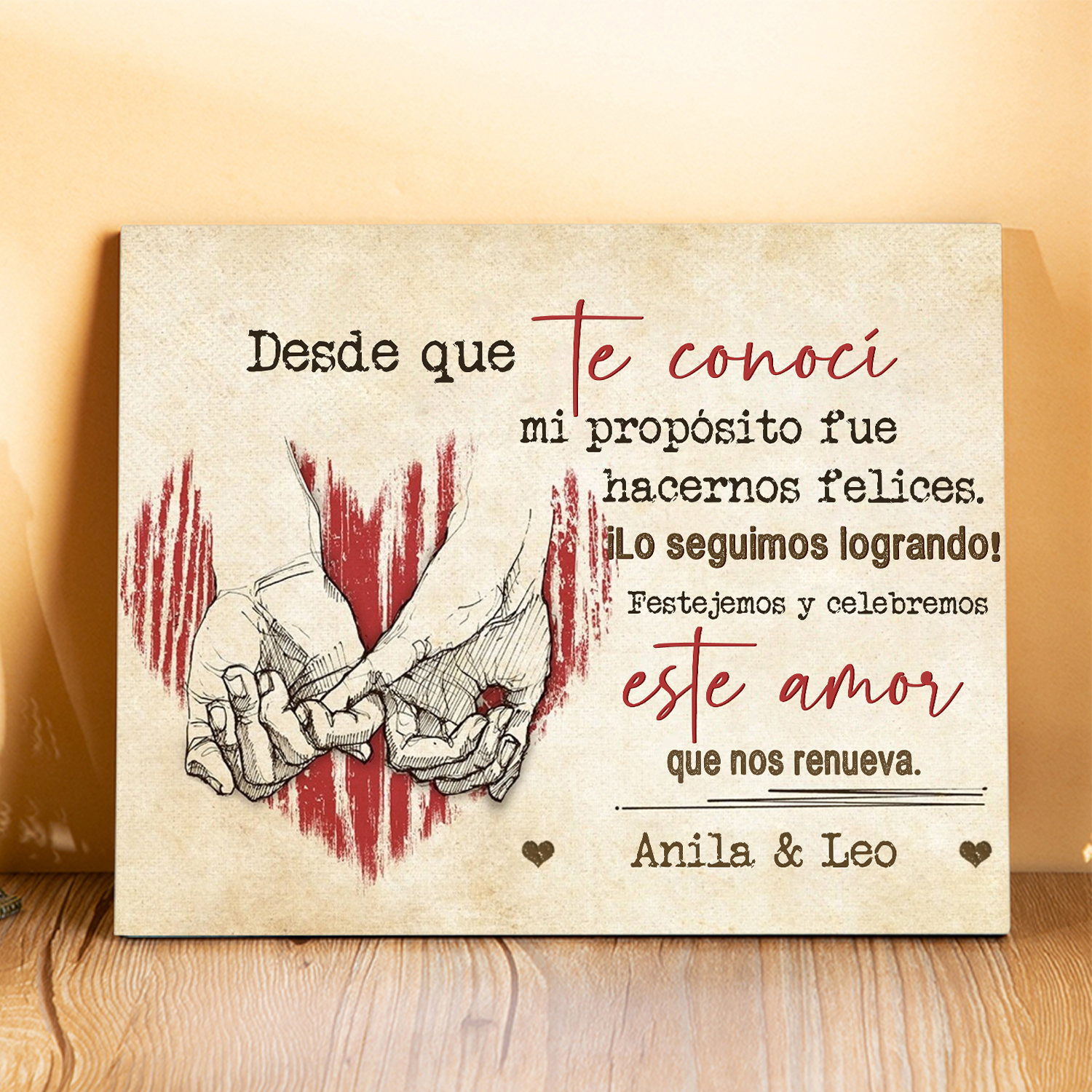 Lámina dedos cogidos marco de madera para pareja personalizado con 1 texto-Jessemade ES