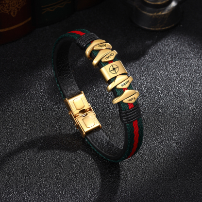 Pulsera 4 Nombres Personalizados de Cuero y Cuerda con Aros-Jessemade ES