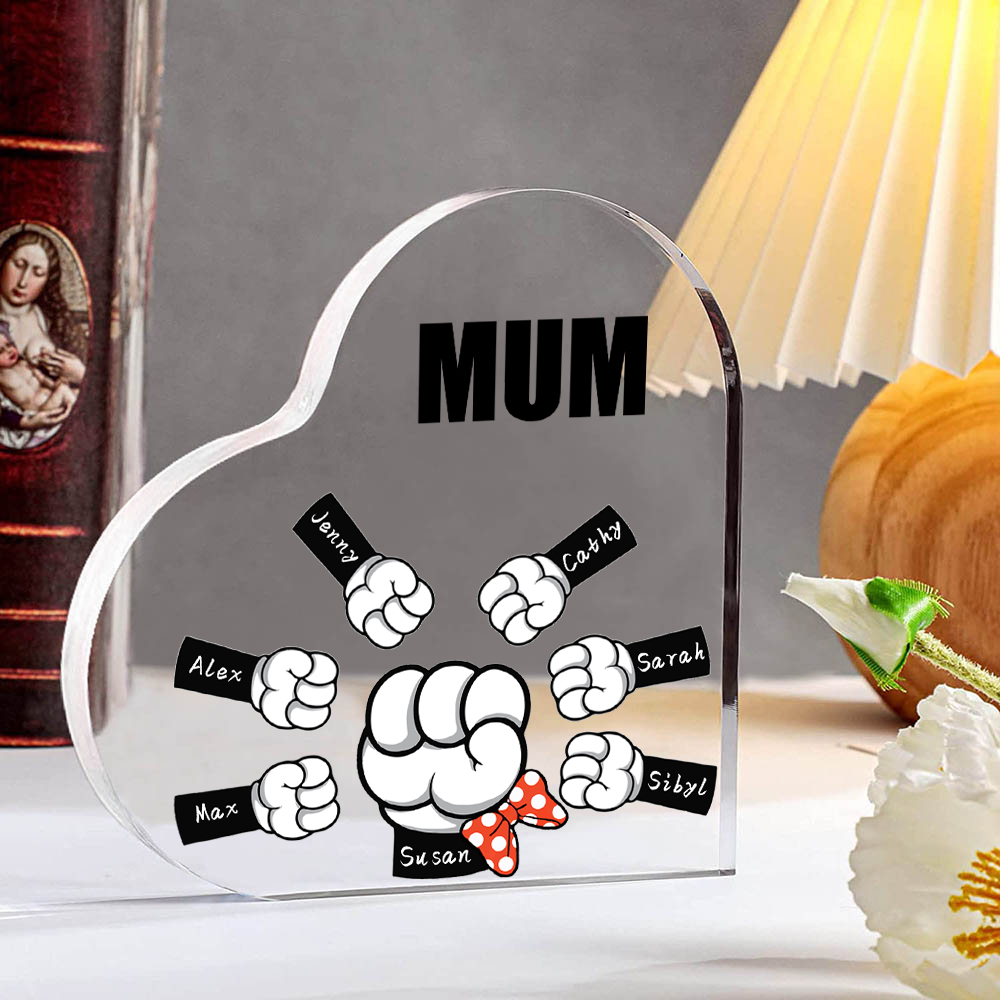 A mi mamá/abuela-Placa de acrílico "Puños" en forma de corazón 7 nombres y 1 texto personalizados-Jessemade ES