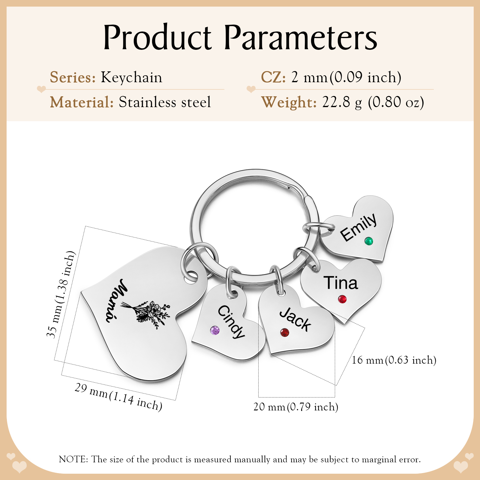 A mi mamá/abuela - Llavero con 4 nombres y piedras de nacimiento personalizados en corazones con texto y flor-Jessemade ES