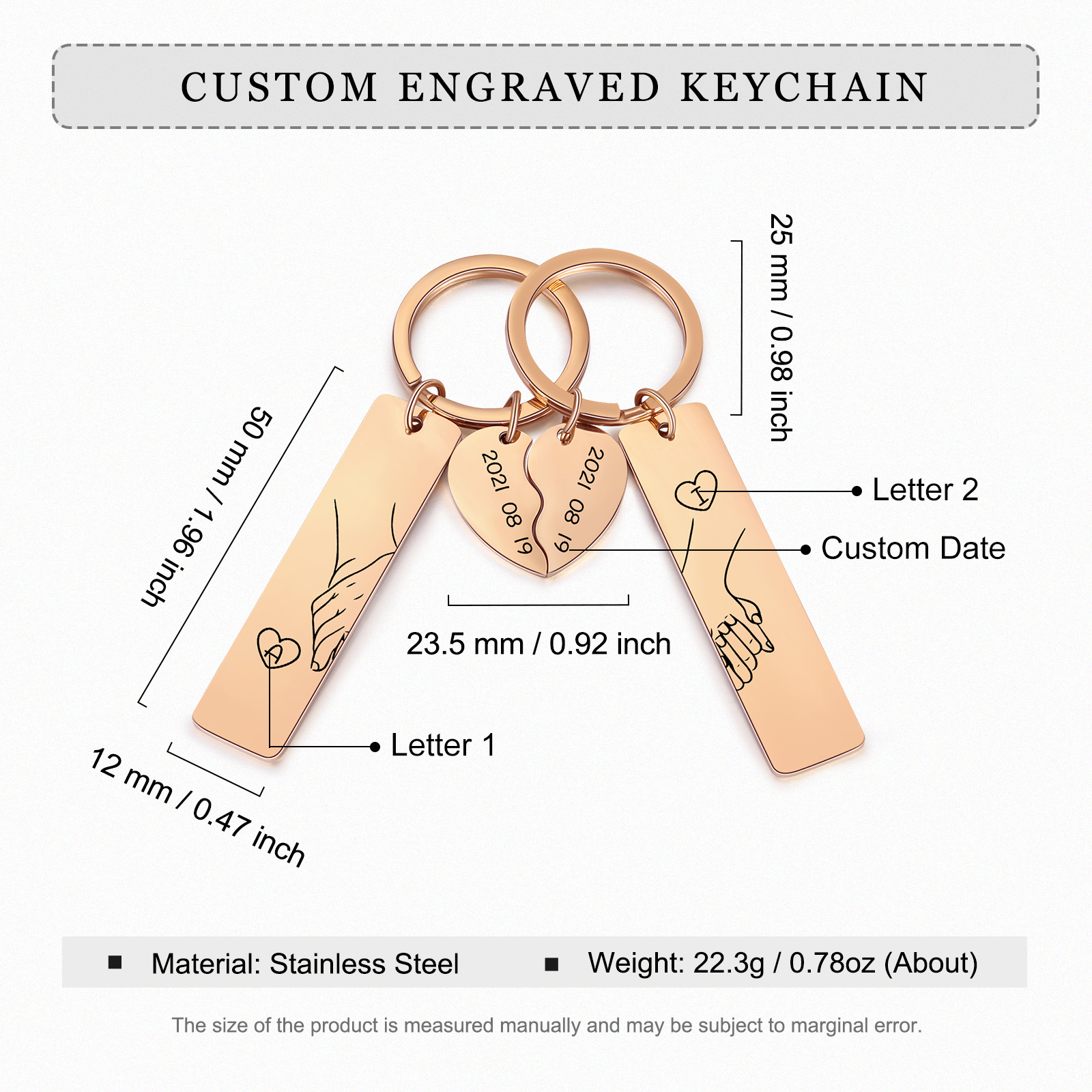 A mi querido-Llavero para pareja mano a mano 2 letras personalizadas con fecha-Jessemade ES