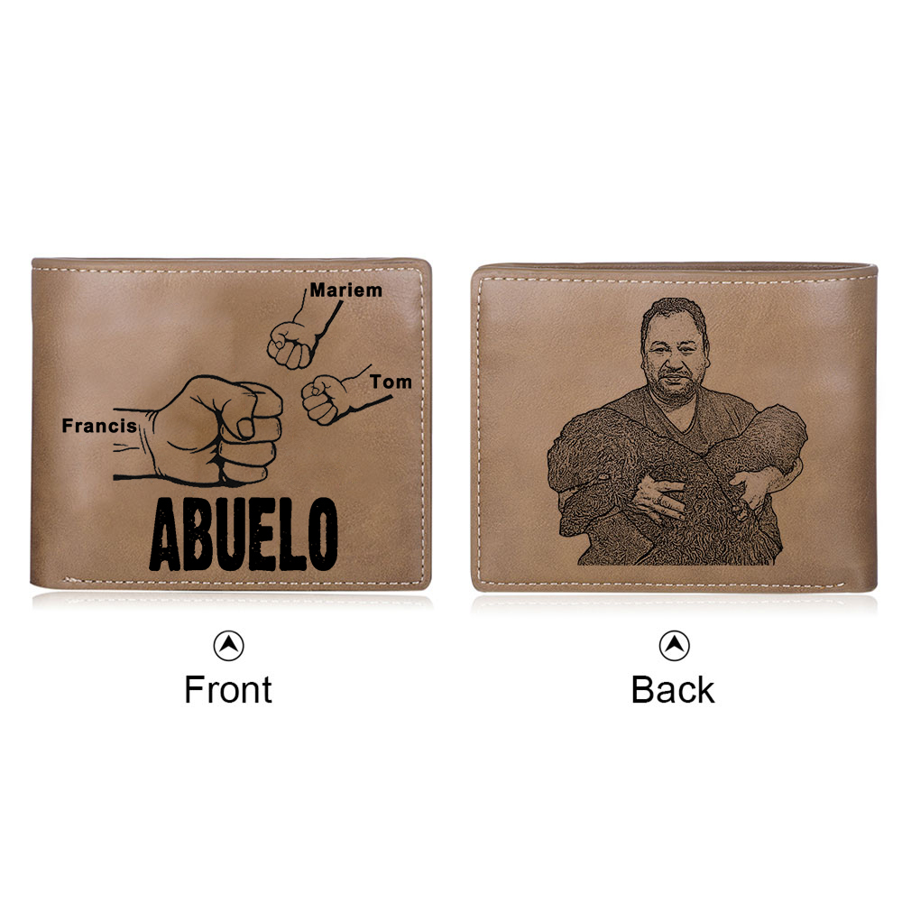 Cartera, billetera clásica puño con puño 3 nombres personalizados y una foto para abuelo-Jessemade ES