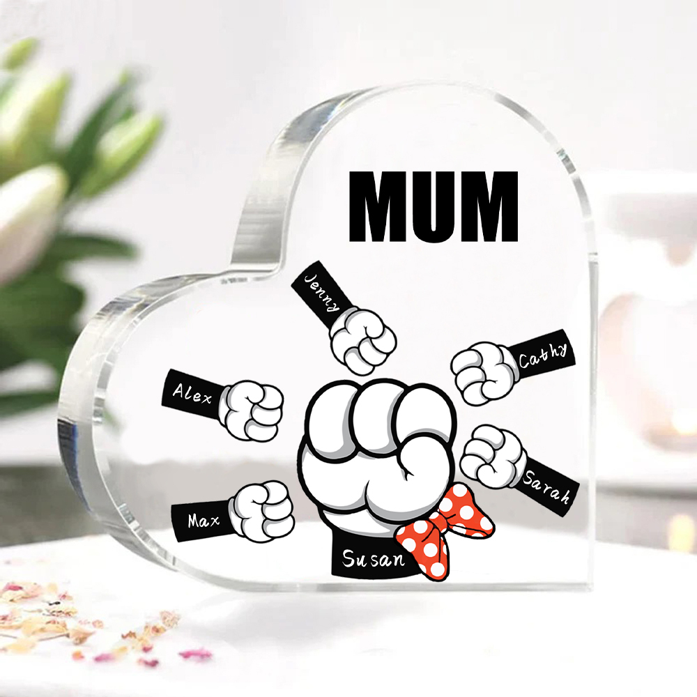 A mi mamá/abuela-Placa de acrílico "Puños" en forma de corazón 6 nombres y 1 texto personalizados-Jessemade ES
