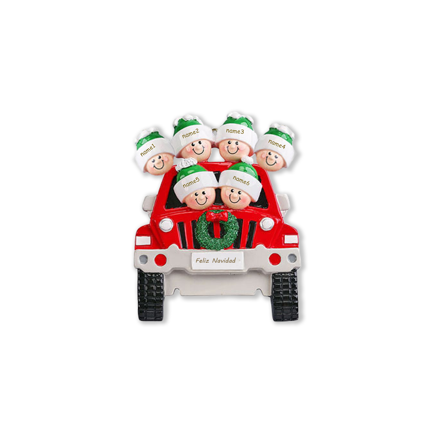 Navidad-Ornamentos con Muñecos Navideños en Coche 6 Nombres con Texto 