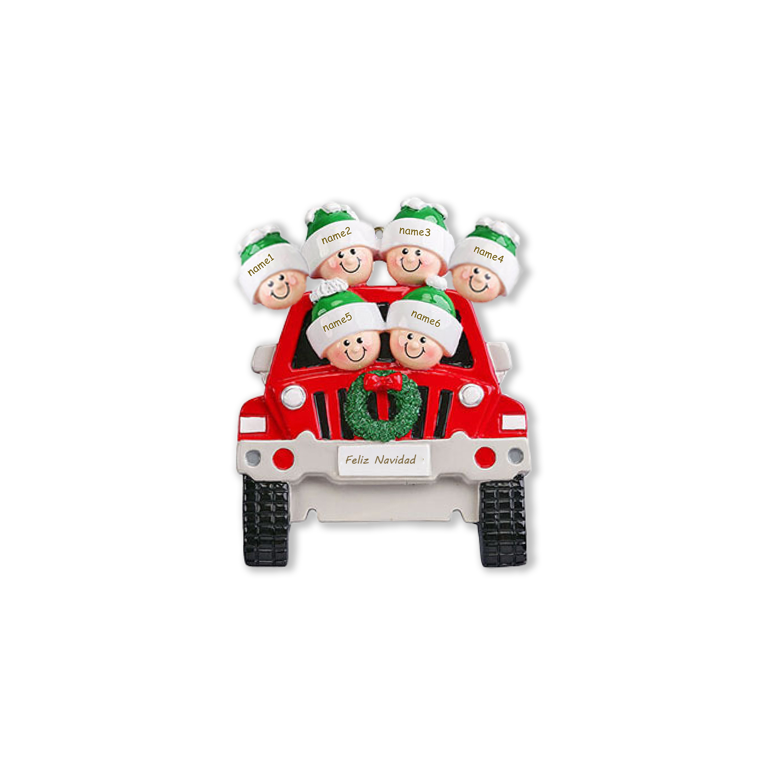 Navidad-Ornamentos con Muñecos Navideños en Coche 6 Nombres con Texto 