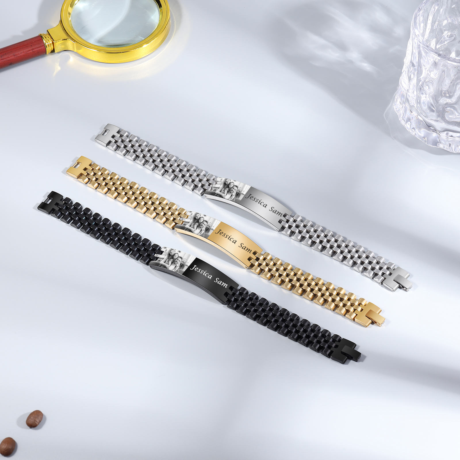 Pulsera de cadena personalizada con 2 nombres y 1 foto para hombre-Jessemade ES