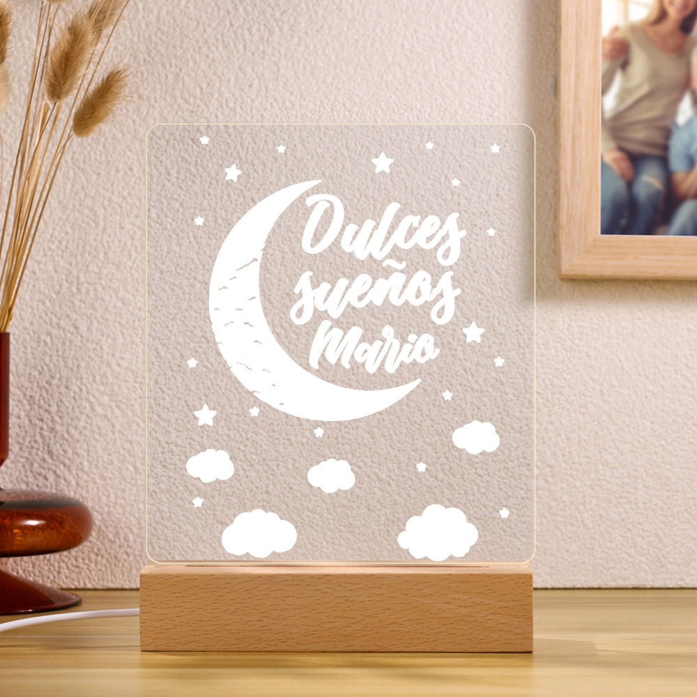 Lámpara Ilusión 3D Luz de Noche LED Dulces Sueños Luna y Nubes con Nombre Personalizado-Jessemade ES