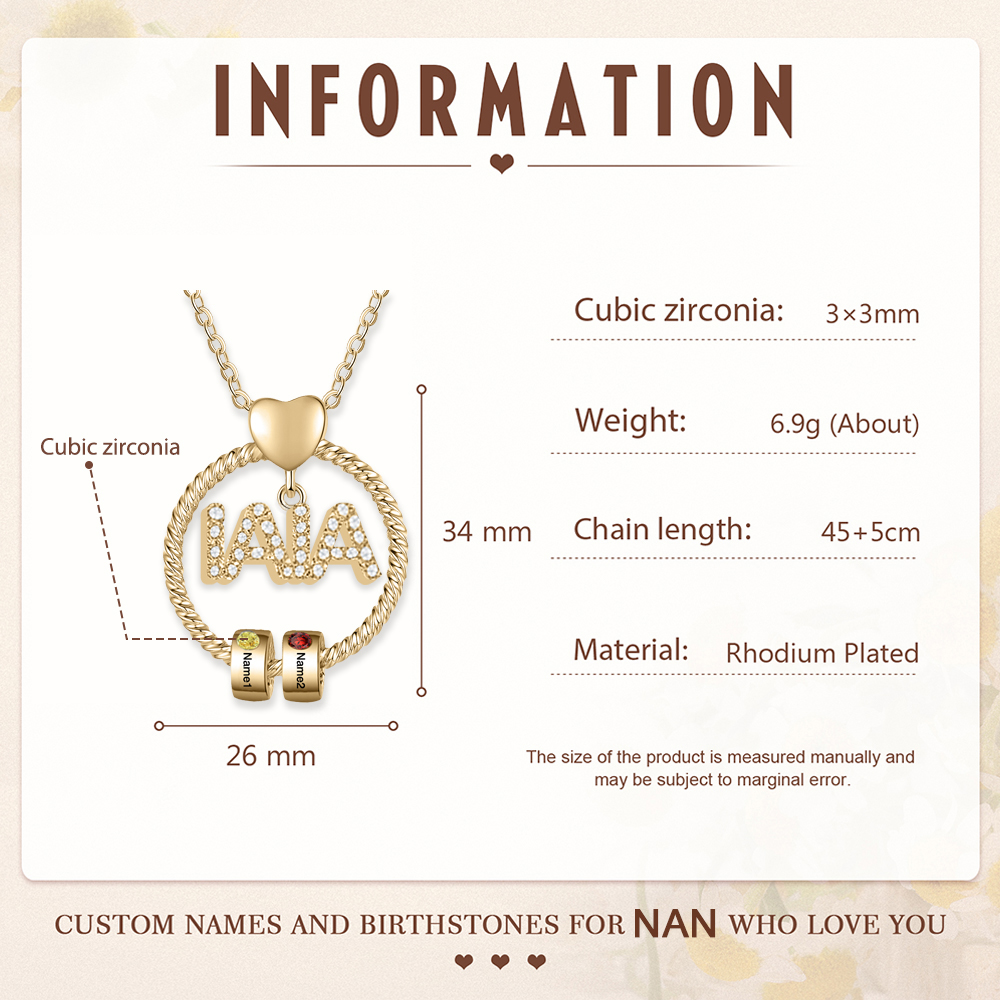 Collar a abuela con colgante de "IAIA" con 2 nombres y 2 piedras de nacimiento personalizados | Jessemade-Jessemade ES