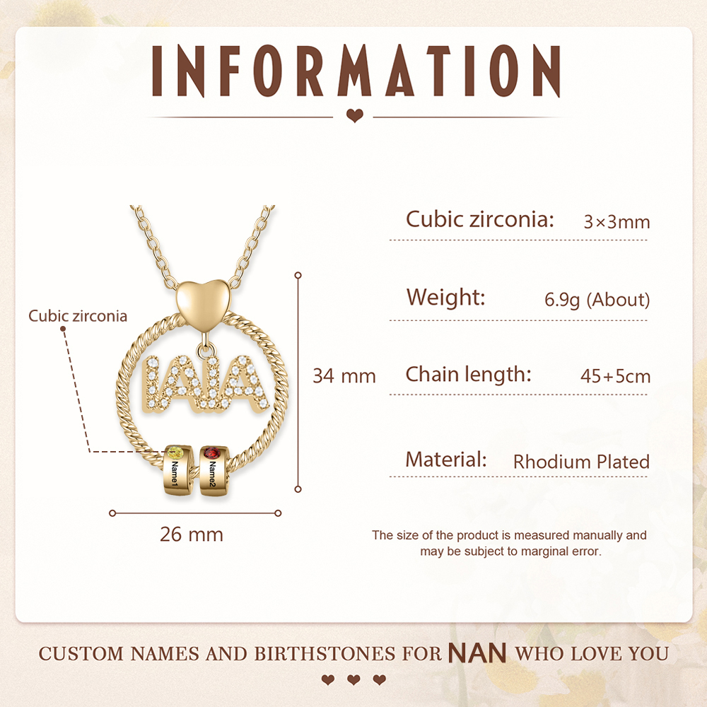 Collar a abuela con colgante de "IAIA" con 2 nombres y 2 piedras de nacimiento personalizados | Jessemade-Jessemade ES