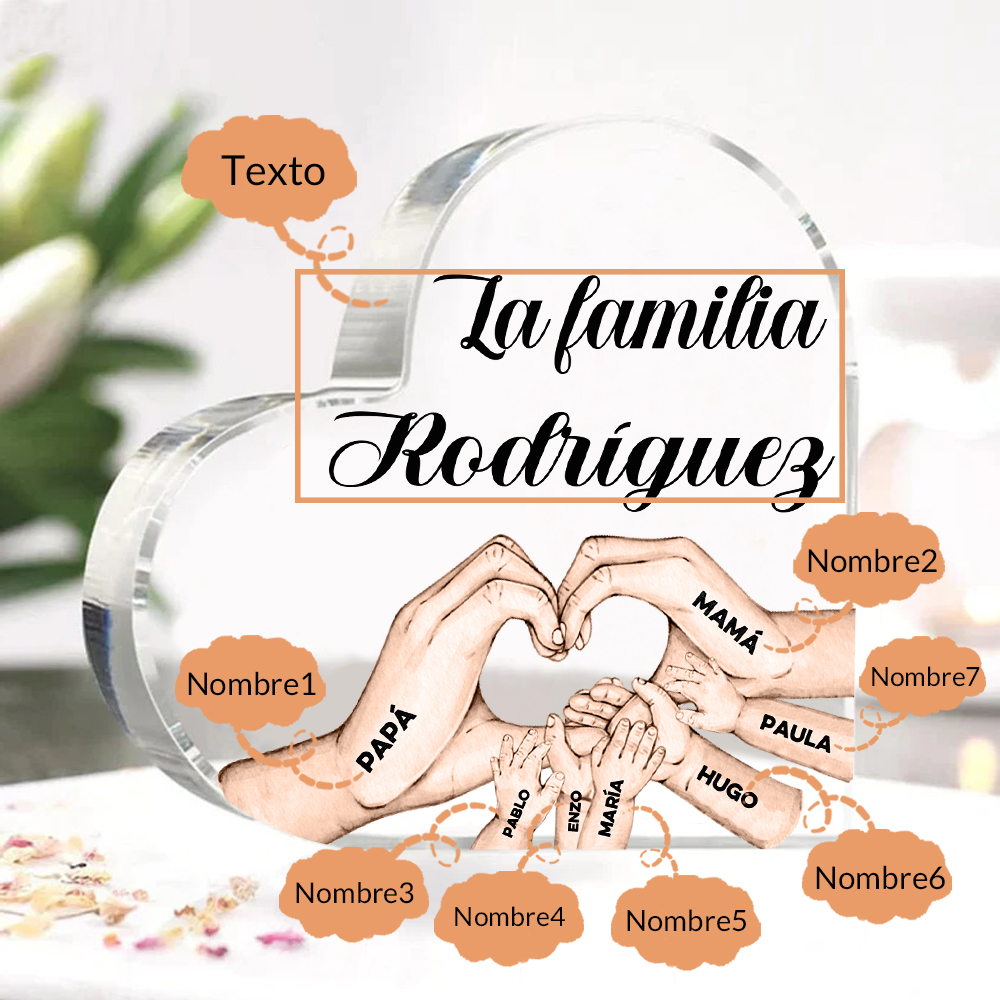 Placa de acrílico en forma de corazón mano a mano con 1 texto y 7 nombres personalizados-Jessemade ES
