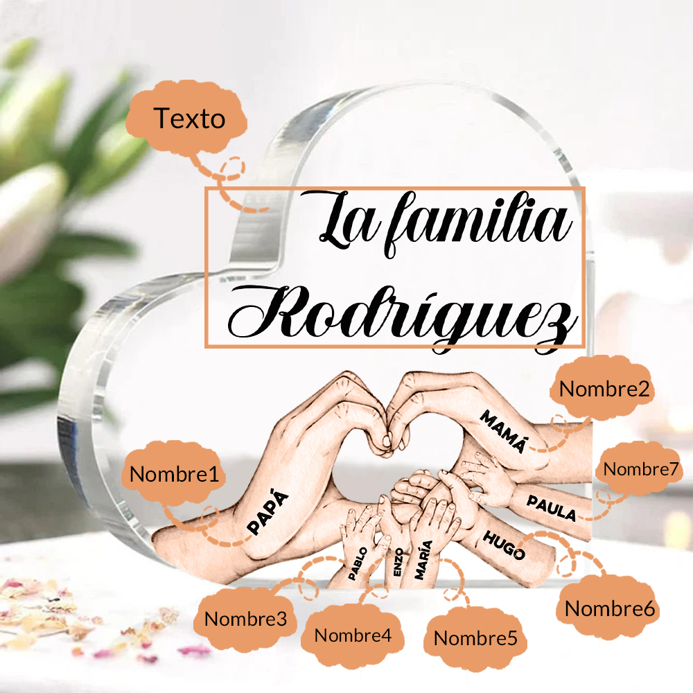 Placa de acrílico en forma de corazón mano a mano con 1 texto y 7 nombres personalizados-Jessemade ES