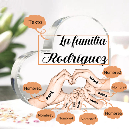 Placa de acrílico en forma de corazón mano a mano con 1 texto y 7 nombres personalizados-Jessemade ES