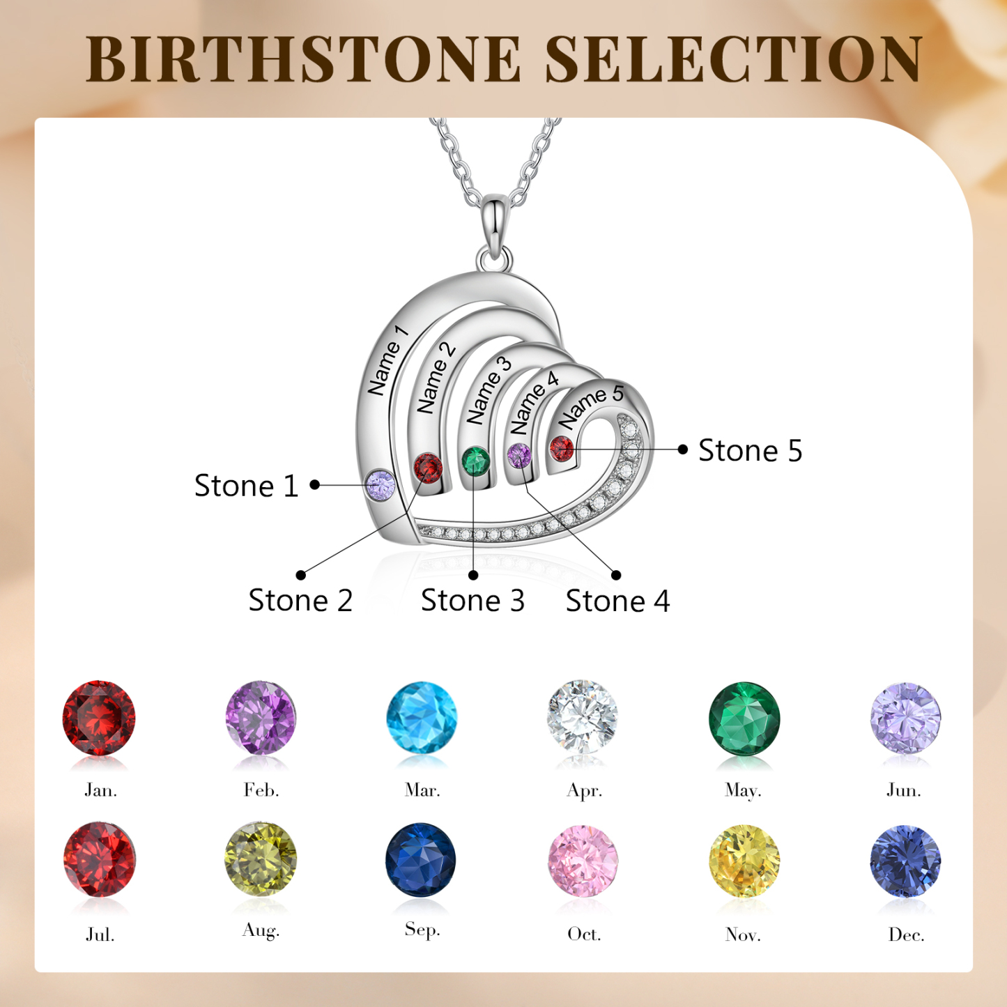 Collar en corazón con 2-5 nombres personalizados y 2-5 piedras de nacimiento-Jessemade ES