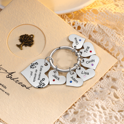 A mi mamá/abuela - Llavero con 6 nombres y piedras de nacimiento personalizados en corazones con texto-Jessemade ES