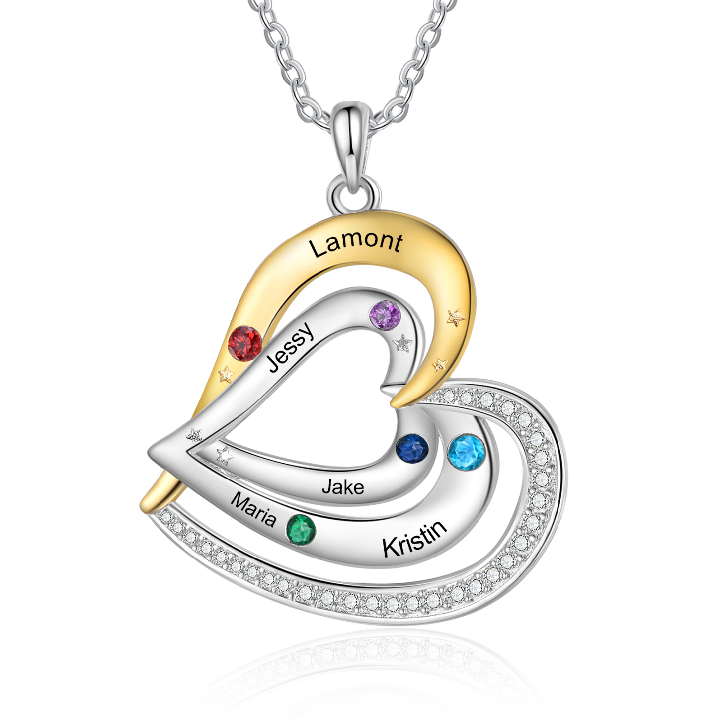 Collar de corazón con 5 nombres y piedras de nacimiento personalizados-Jessemade ES