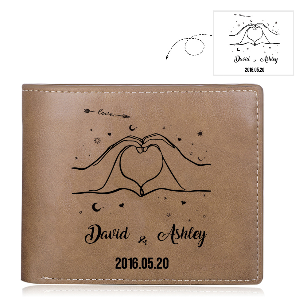 Cartera, billetera posando corazón con manos para pareja personalizada con 2 nombres y fecha-Jessemade ES