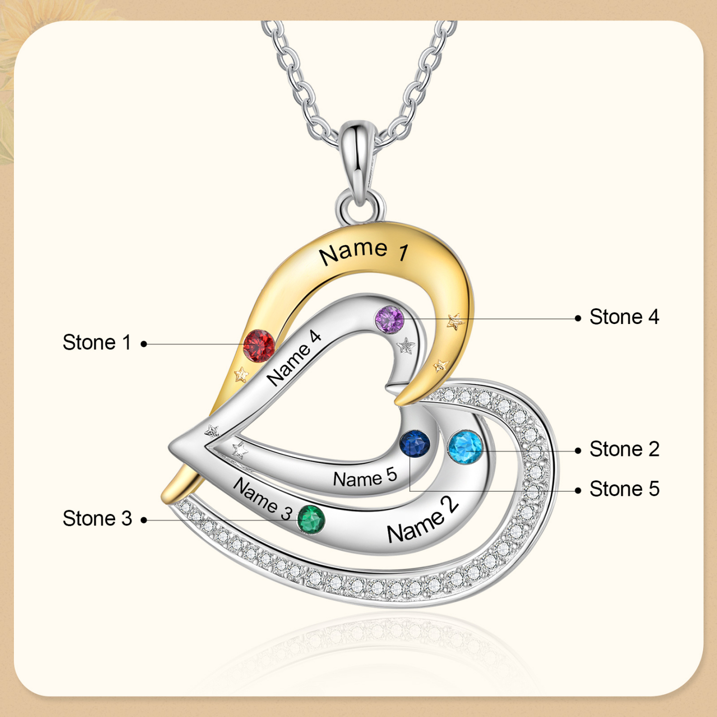 Collar de corazón con 5 nombres y piedras de nacimiento personalizados-Jessemade ES