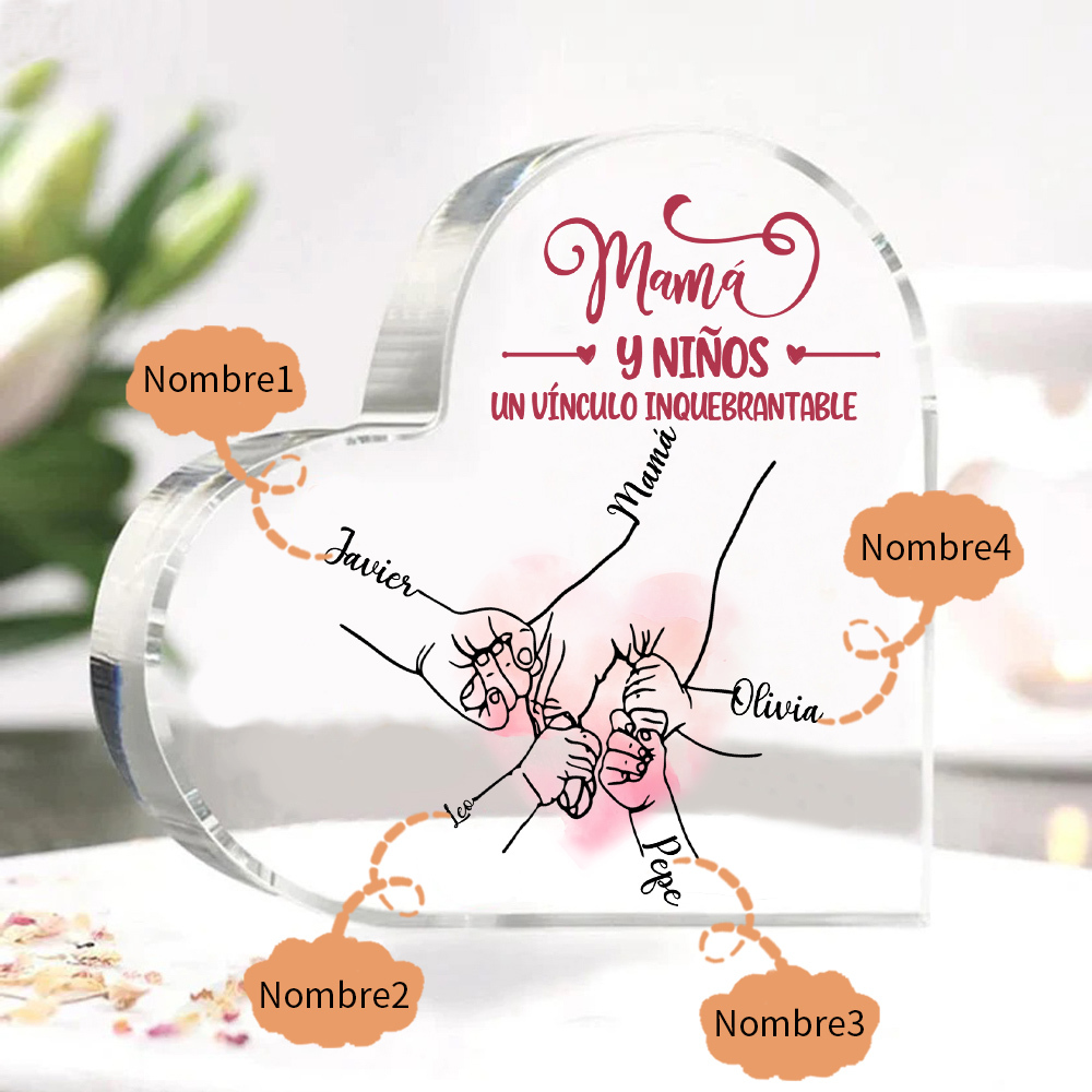 A mi mamá-Placa de acrílico en forma de corazón mano y manitas 1-5 nombres personalizados-Jessemade ES