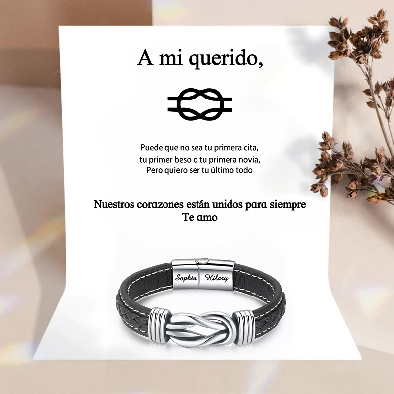 A mi querido-Pulsera de Cuero Nudo Eterno de Acero Inoxidable con 2 Nombres Personalizados