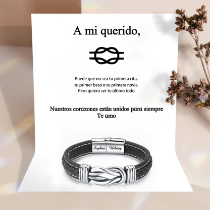 A mi querido-Pulsera de Cuero Nudo Eterno de Acero Inoxidable con 2 Nombres Personalizados