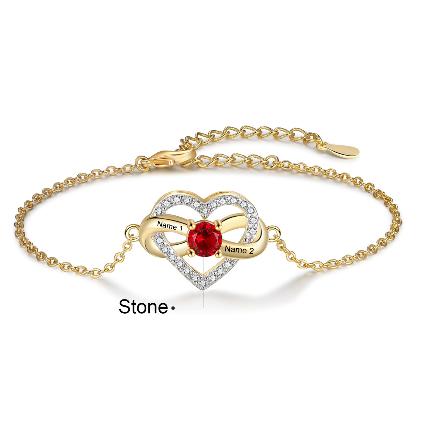 Pulsera de corazón para mujer personalizada con 2 nombres y 1 piedra de nacimiento-Jessemade ES