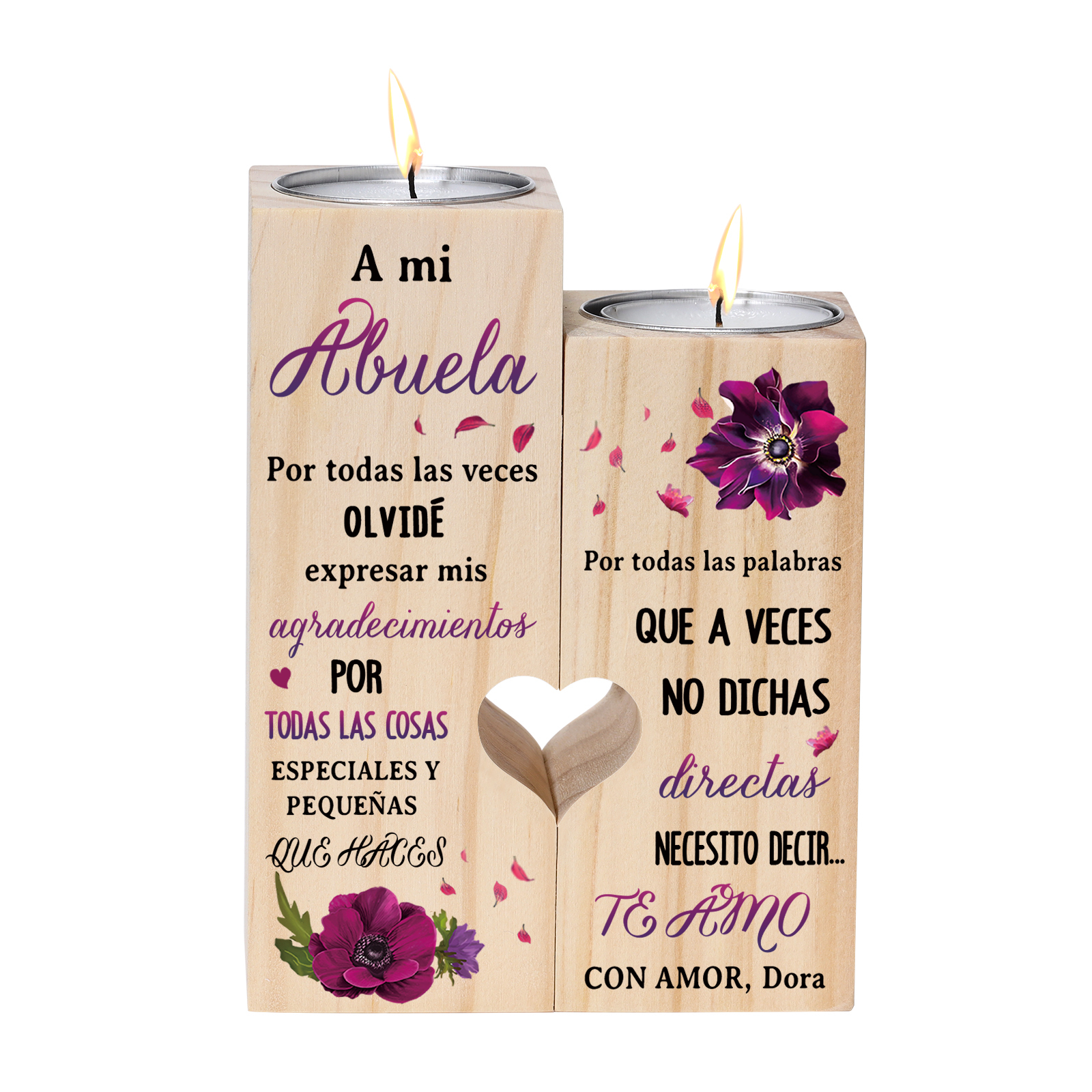 A mi abuela - Candelero de madera sin vela Flores 1 nombres personalizado