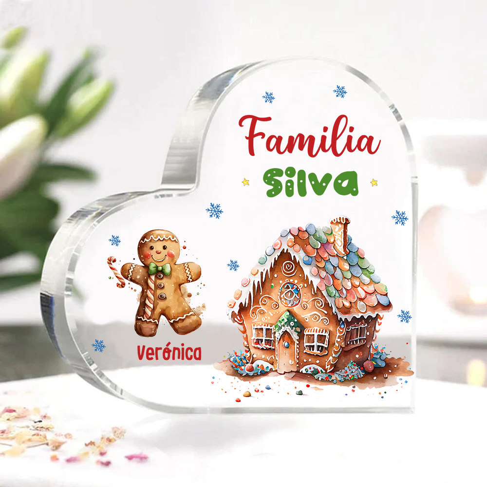Navidad - Placa de acrílico en forma de corazón jengibres y su casa con 1 nombre y 1 texto personalizados-Jessemade ES